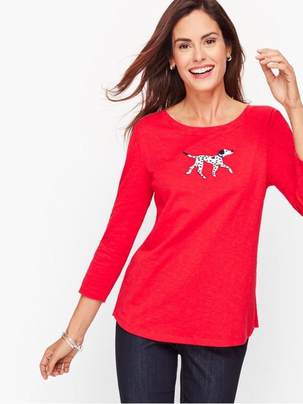 Talbots Red Dalmatian Dog Embroidered Crewneck 3/4 Sleeve Cotton Shirt Top Large